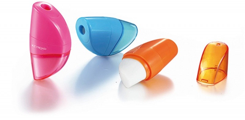 PLASTIC SHARPENER WITH RUBBER, KEYROAD ORANGE, SINGLE, WITH CONTAINER, MIX, DISPLAY