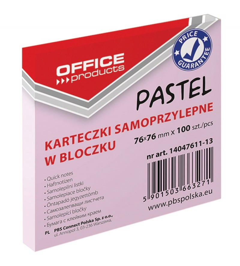 ჩასანიშნი წებოვანი სტიკერი OFFICE PRODUCTS 76X76მმ 100 ფურცელი PASTEL ვარდისფერი