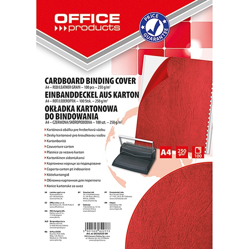 CARDBOARD BINDING COVER OFFICE PRODUCTS LEATHER GRAIN 250G/M2 A4, 100 PCS/BAG RED