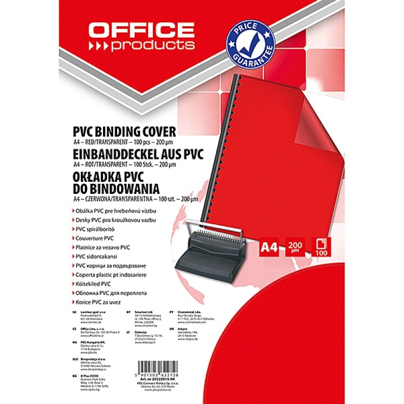 PVC BINDING COVER OFFICE PRODUCTS 200MIC A4, 100 PCS/BAG RED HALF TRANSPARENT